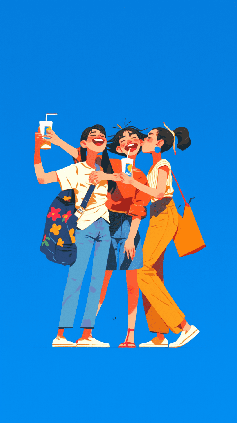 A flat illustration of 2 asian women and 1 asian man happily drinking pet bottle drink togher, the character is in the lower right corner of the screen, vibrant colors, medium shot, , simple minimalistic style, styled in the manner of vector illustrations, high resolution, and high details