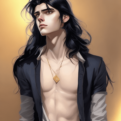 A handsome boy, 19 years old, with long black hair in a gold painting, in the style of charlie bowater, dark blue and dark black, michael garmash, comic art, realistic color palette, dark black and beige, soft-focused realism --ar 24:37 --stylize 750 --v 6