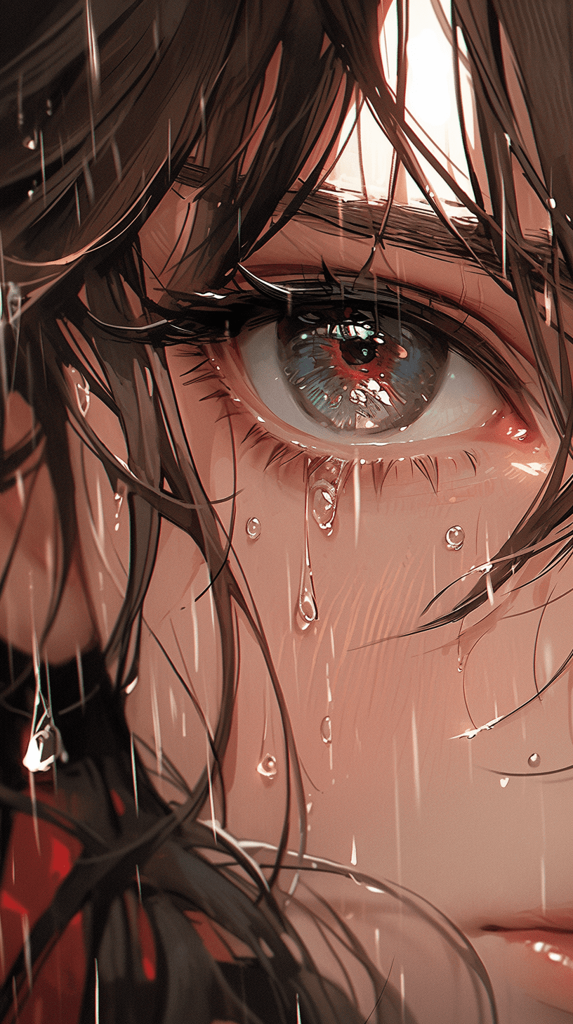Close-up of a woman's face facing the camera, tears in her eyes, sad expression, slightly warm tones, dark scene with some raindrops, natural light, anime style, --ar 9:16 --niji 5 --s 250