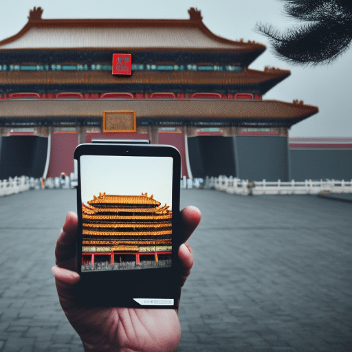 Person holding an iphone with a picture of [the forbidden city-china] , realistic, minimalist, realistic, studyblr, captured with [a nikon d850(camera) ] and [a nikkor 24-120mm f/4g ed vr lens(lens) ] --s 400 --c 10 --style raw --v 5. 2