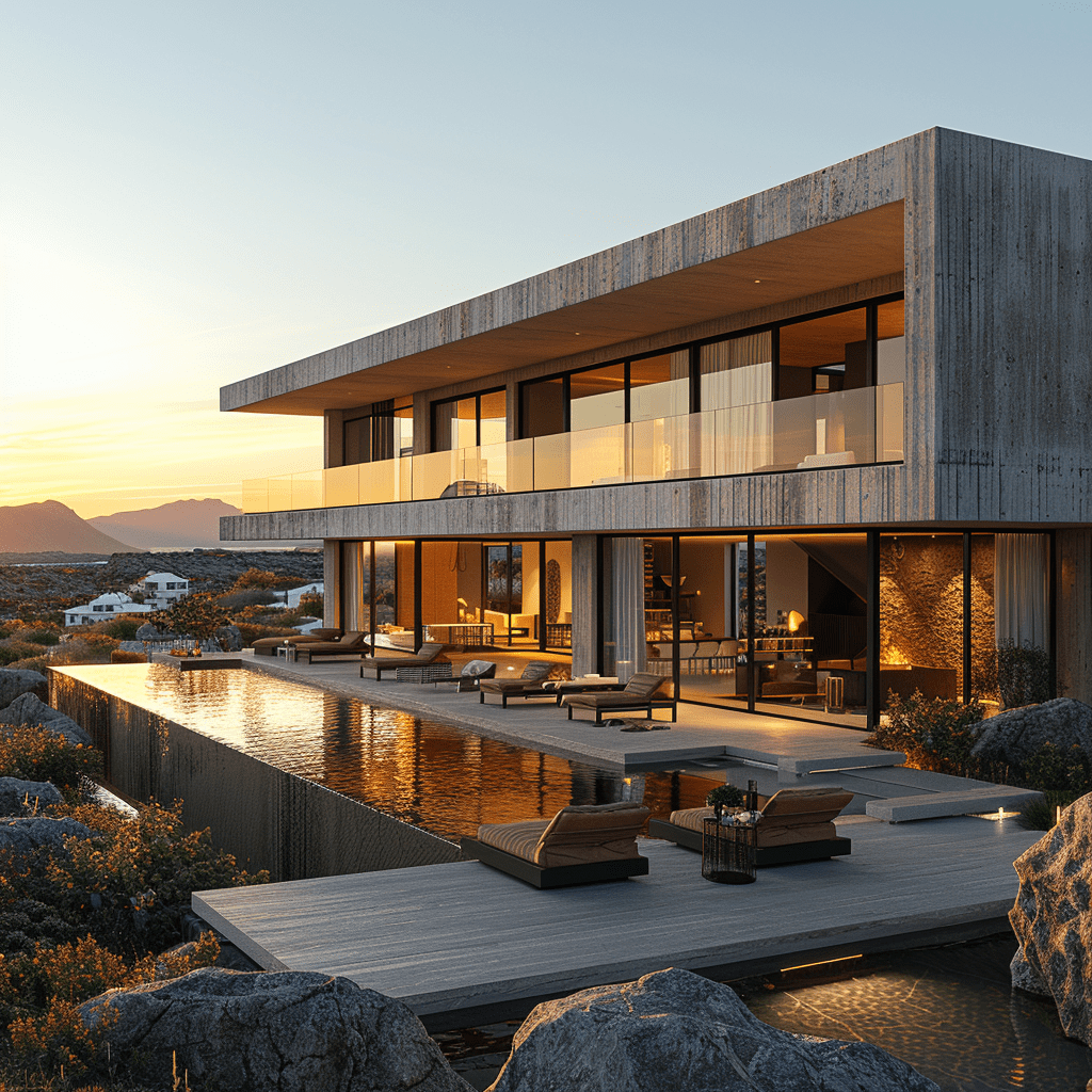 Modern minimalist residential house in iceland, dramatic lighting, sunny day, clear sky, aerial view, canon eos 5d, stunning, archdaily front page, award-winning design, ultra realistic, unreal render, 8k --no snow --stylize 750