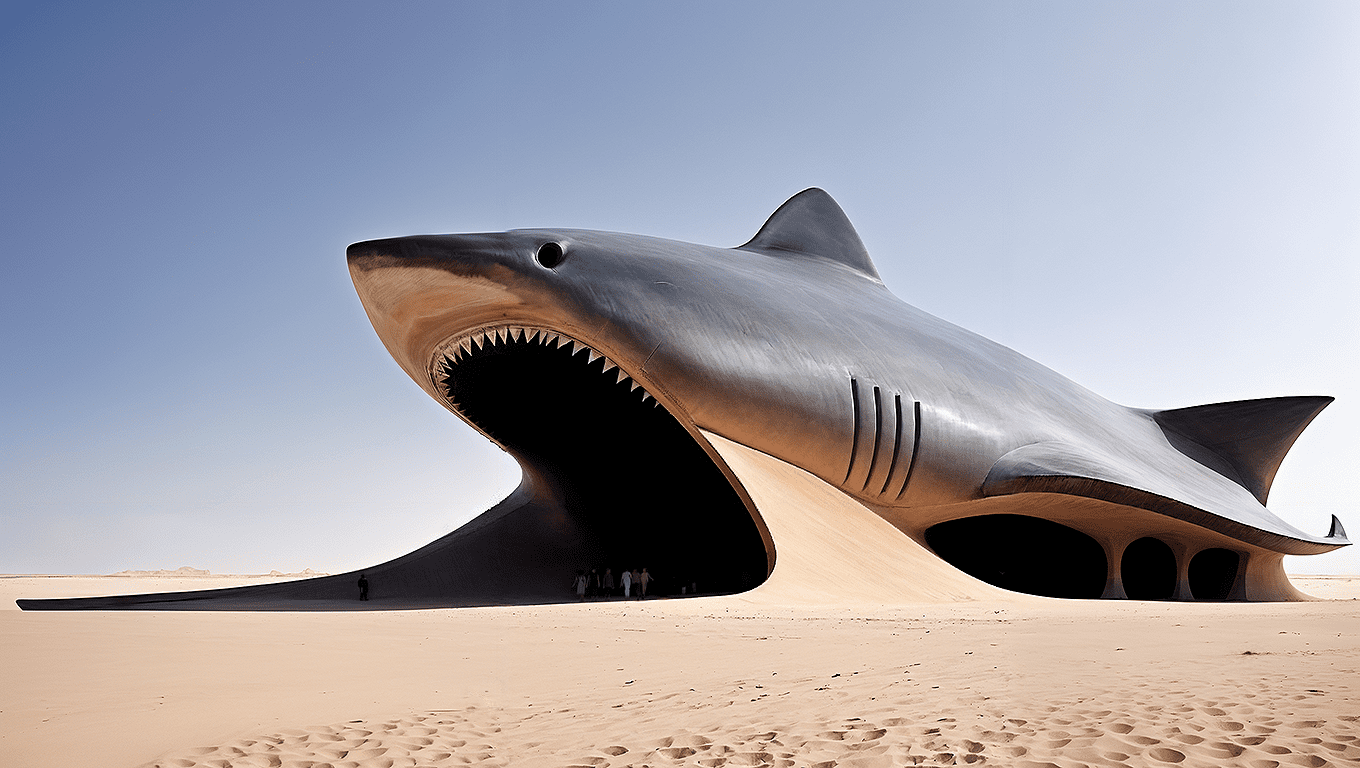 A building, shaped as a shark , [emerges from a sands of sahara] , unfolding great architecture concept a building shaped as a shark