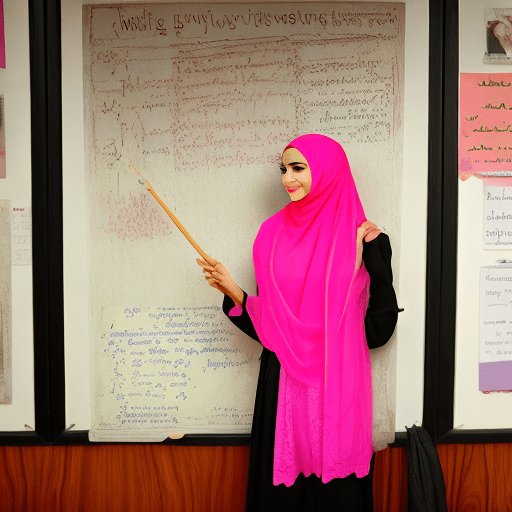 A lebanese 21 year old girl wearing a hijab stands seductively at the front of a classroom. She is dressed in a pink lace bra and thong holding a meter stick in one hand. The classroom is bright and welcoming, filled with desks, a chalkboard, and educational posters on the walls. Large windows allow natural light to stream in, creating a warm and inviting atmosphere.
