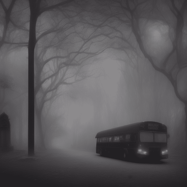 Angled view of a detailed darkish dark metallic huge school bus at a distance, dark fairytale aesthetic, intricate details, in the middle of the night, very detailed, lit street, dead trees, streets lights, foggy, divine presence, cemetery nearby