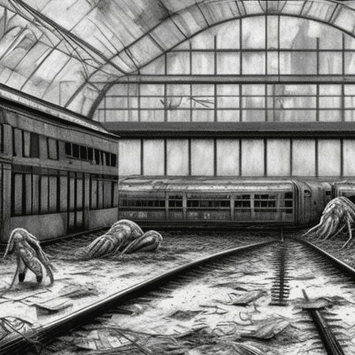 A giant colorless monster made of fused bodies crawling through an abandoned train station