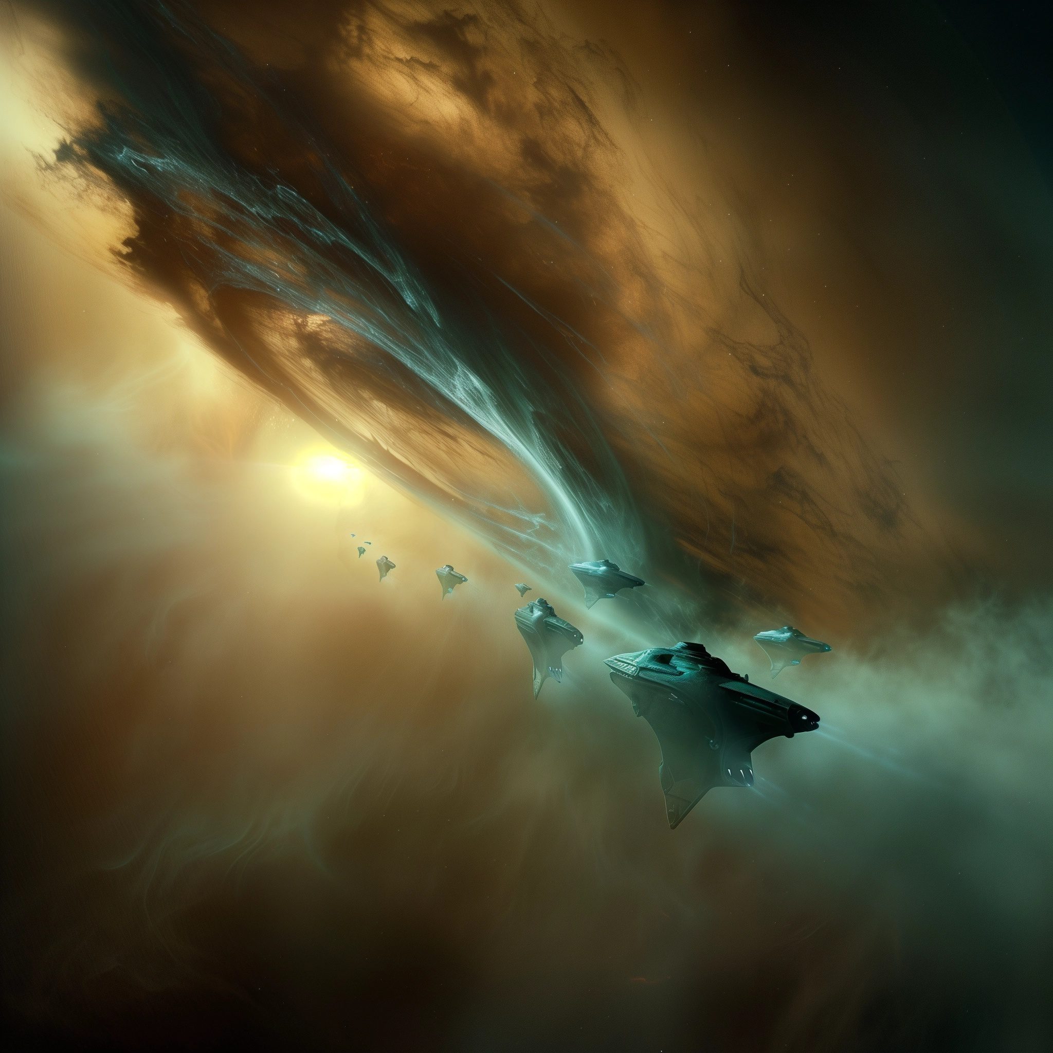 Intergalactic spaceships travelling through a nebula, 32k, high definition, edge processing --personalize nwnd4j3 --stylize 600