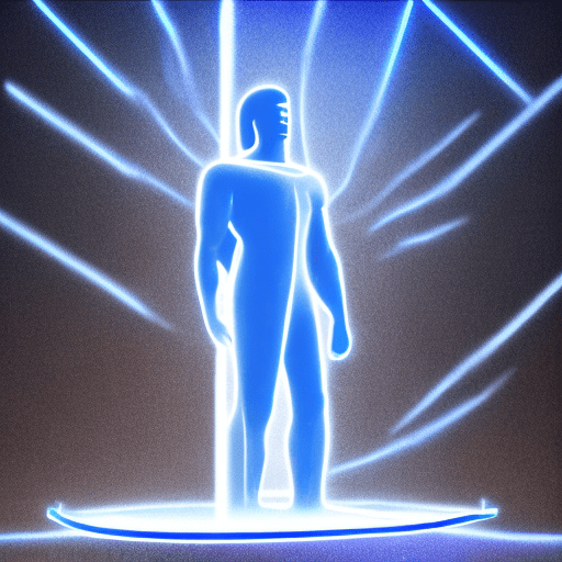 Colossus of rhodes, , above there is a is a big blue question mark levitating and knight is watching it, lluminated by blue neon light against an abstract dark background, risingarthur schuller style, high resolution, simple design, high detail, hyper realistic, octane render, isolated on dark backround --v 6. 0 --ar 16:9