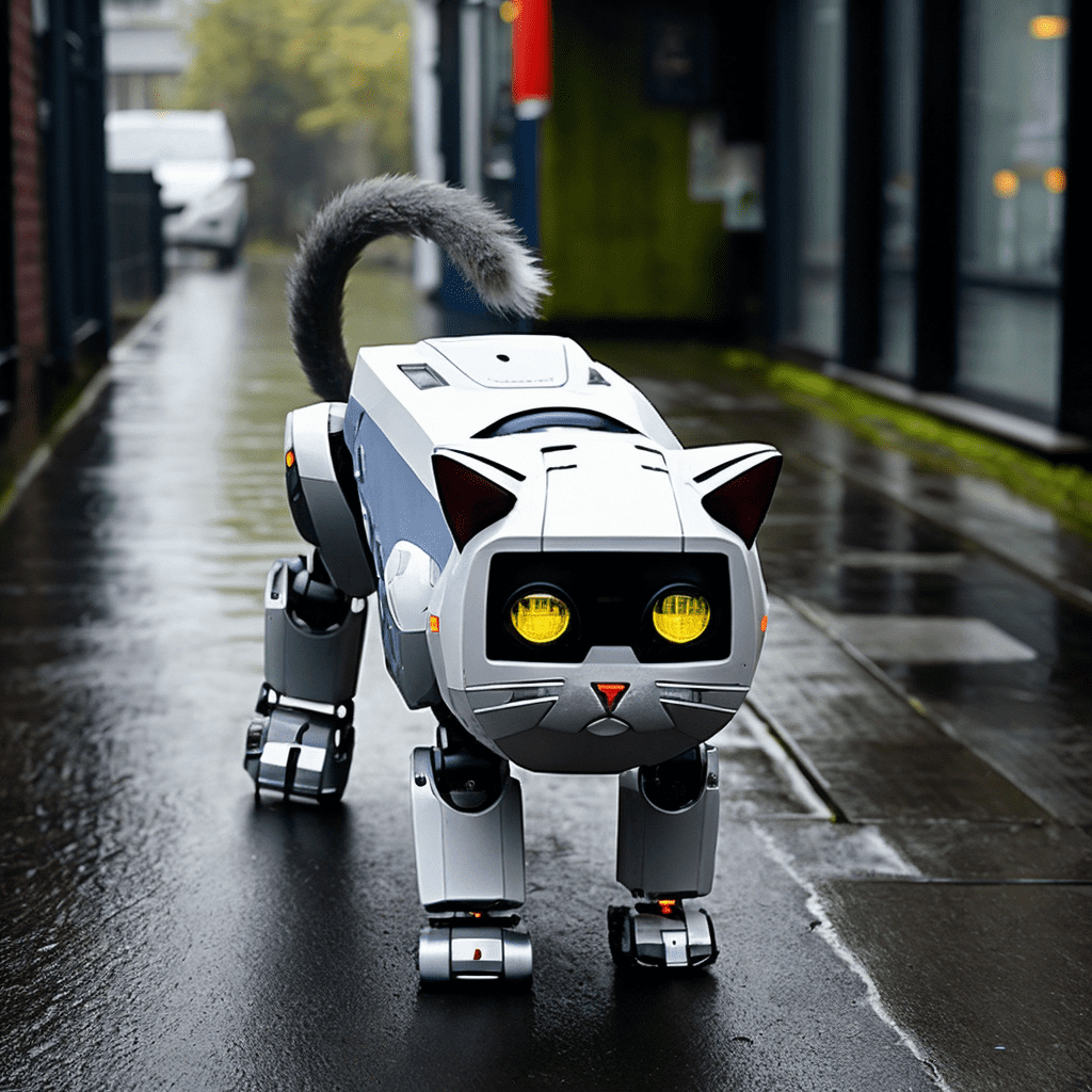 Robotic cat walking down wet moody alley