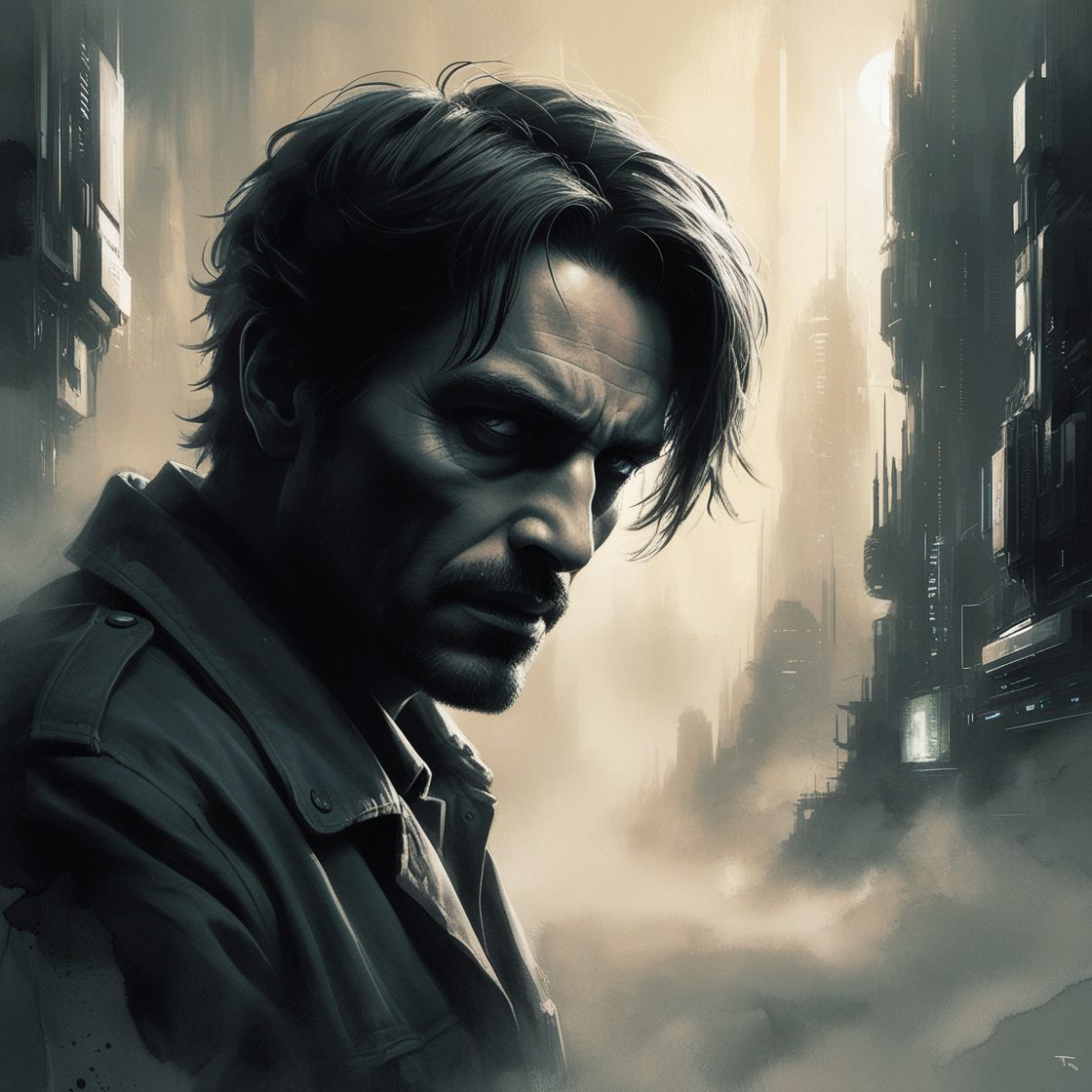 A painting of a man in a city, an ultrafine detailed painting by michael komarck, cgsociety contest winner, new objectivity, dystopian art, 2d game art, ilya kuvshinov