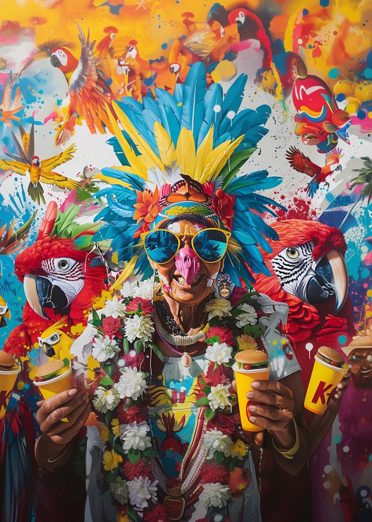 A large, colorful painting depicting m忮 takis as the main character in kfc's marketing campaign with cartoon characters from her island wearing traditional hawaiian and m commmodore japan m&m's, featuring parrots flying around and monoire’s grandmother dressed up like an indian woman from hawaii with hair ornaments and red face paint, holding two big plastic bags of painful chicken. The background is filled with big macs, and mrx skittles. --s 250 --v 6. 0 --style raw