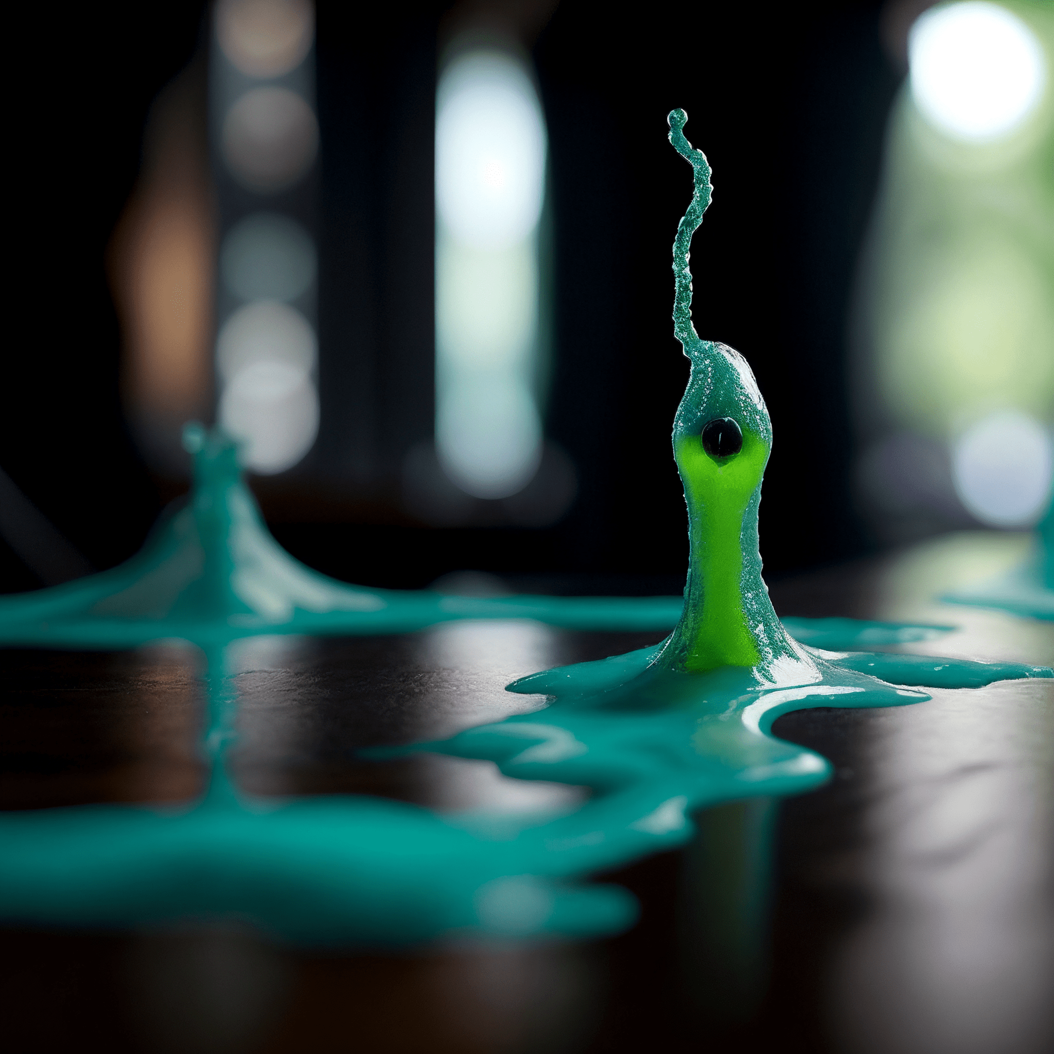 On a table, [[extraterrestrial life form made of ferrofluidic magnetic fluid of black color boozing slime in the form of extraterrestrial life,walking on slime joints,close-up] ] , depth of field, bright bokeh