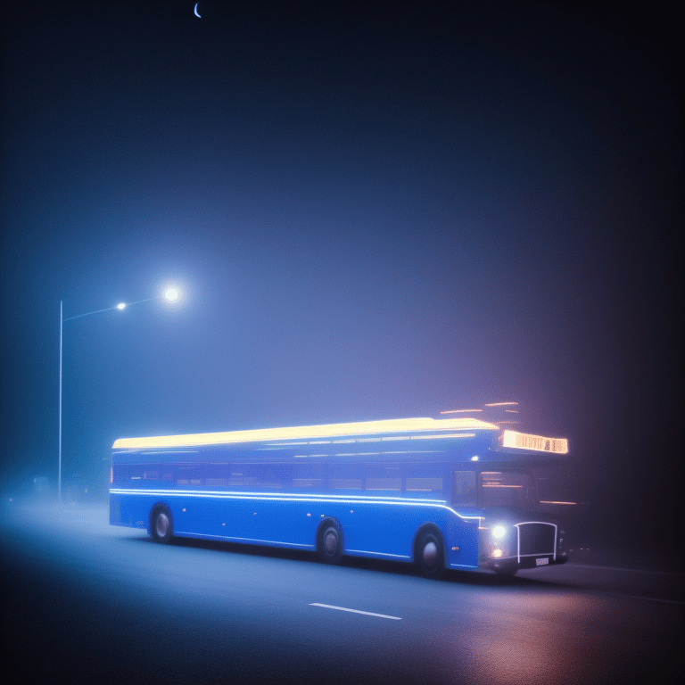 Mid shot view of a dark blue bus in the middle of the night, moonlight, eerie lighting with neon mist, thought-provoking composition