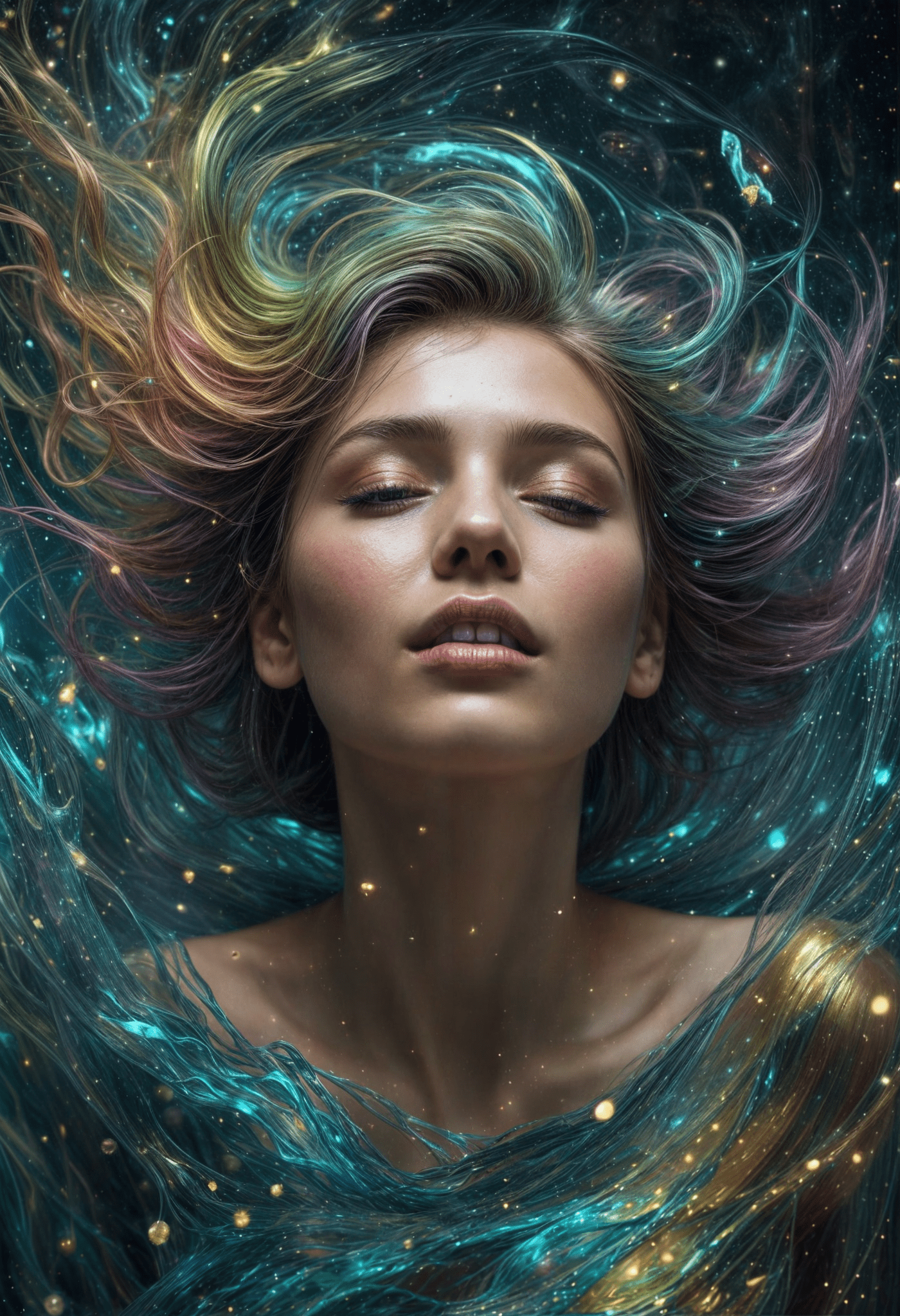 A surreal image of a woman floating in a supernatural swirl of colors and forms. Transparent, glittering hues of blue, gold, green, and magenta twist around her. Her ethereal hair and pearlescent skin glow with light. Abstract, glass-like shapes orbit her in a cosmic backdrop of stars and nebulae. The scene radiates mystical beauty, blending reality and dreams seamlessly.