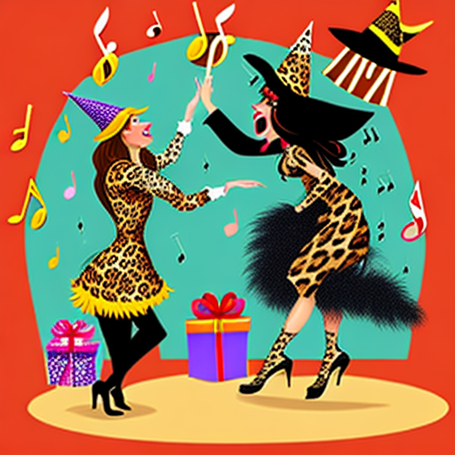 A dancing witch dressed in leopard clothing and musical notes in the background, all combined in a birthday celebration atmosphere, the witch has to be funny and be receiving a gift from a russian. The image is to create a gift voucher in which the following text should be included: "voucher for a dinner and cinema for two" the person receiving the gift is 34 years old.