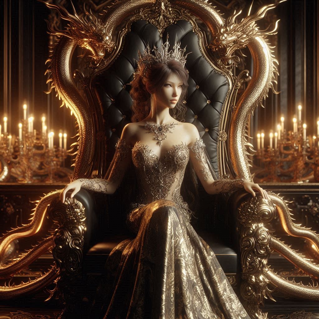 A very beautiful queen sitting on a black throne made of gold, with a serpent-dragon like elements and design, intricate details, dramatic lighting, hyperrealism, photorealistic, cinematic, 8k, unreal engine --ar 9:16 --niji 5 --style expressive --s 180