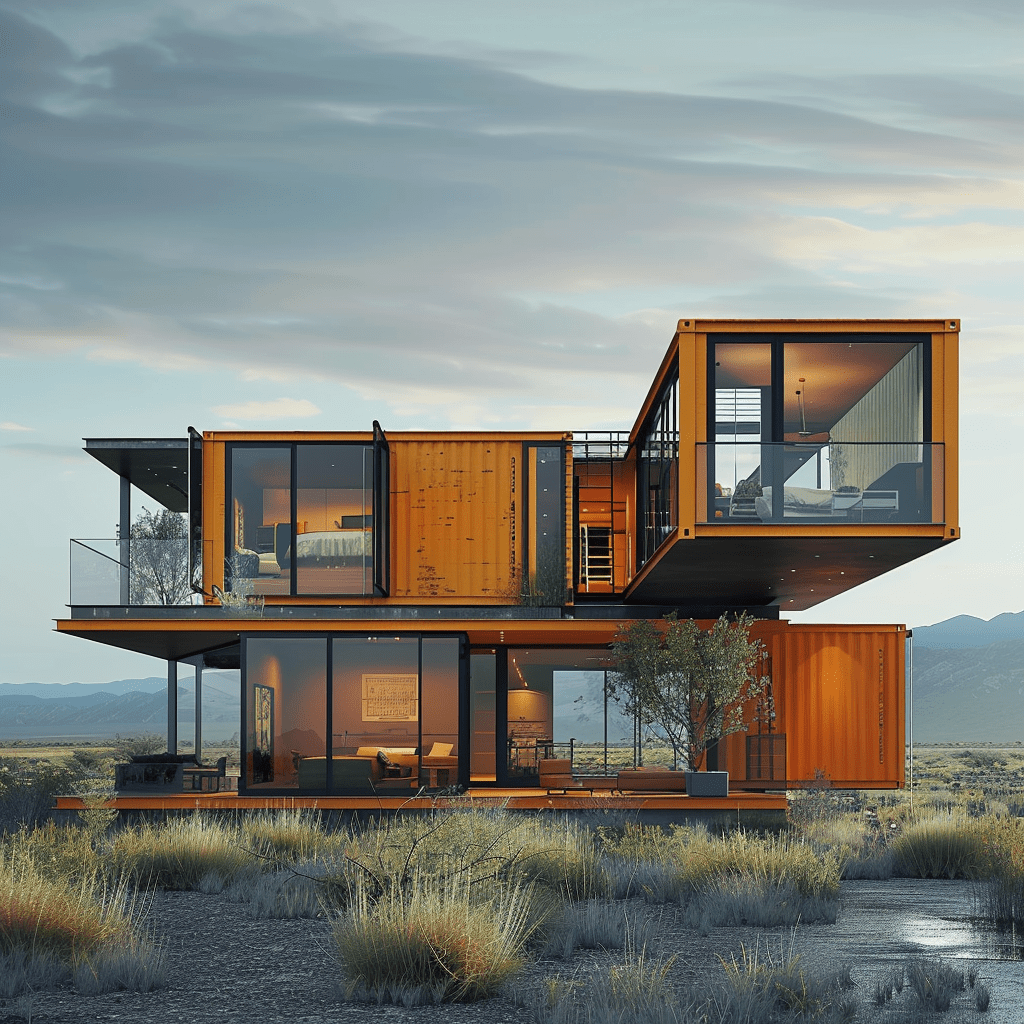 Beautiful modern container house in the middle of nowhere, archdaily style, photograph shot with canon eos 5d, ultra realistic