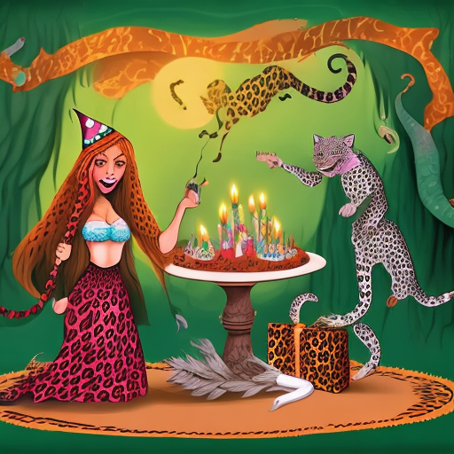 A witch, a leopard and music, all combined in an atmosphere of a birthday celebration, the witch and the leopard have to be funny. The image is to create a gift voucher in which the following text should be included: "vale por una cena y cine para dos"