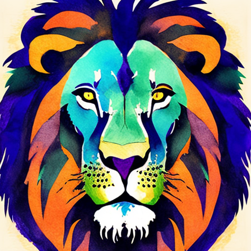 Lion painted in blue and green, in the style of whimsical watercolors, dark yellow and dark purple, characterful pen and ink, light orange and navy --ar 9:16 --stylize 750 --v 6