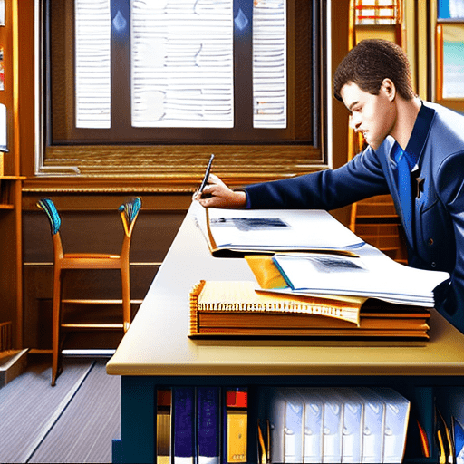 Male student, classroom, sitting in a chair, desk, papers on desk, holding a pencil in hand, high school, indoors, happy, masterpiece, 128k, digital painting, (detailed, perfect anime quality) , beautiful scenery, perfect face, photo quality