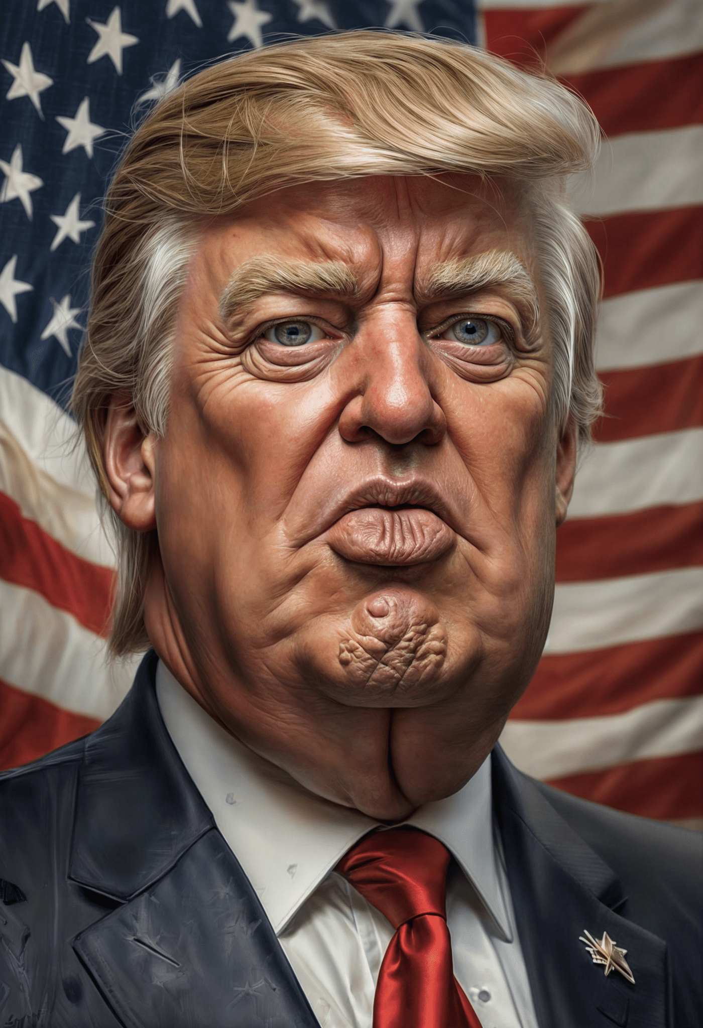 Caricature of donald trump, , angry view, intricate details, stars and stripes