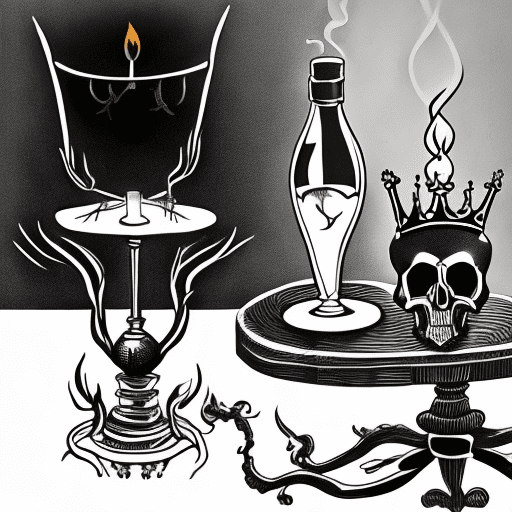 A minimalist black and white tattoo scene with an ornate table. On the table: a skull with a laurel crown, an elegant chandelier casting shadows, an open bottle of wine, and a half-full glass. Next to the table, a relaxed skeleton holding a lit cigarette with a light smoke trail. Simple, clean lines emphasize contrast, capturing themes of life, death, and fleeting pleasures. The painting evokes feelings of nostalgia, delicate beauty, and a touch of melancholy. It invites the viewer to appreciate the transient beauty of the moment, aware that it is an illusion created by the interplay of light and color.