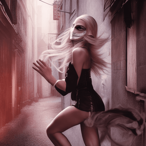 Photograph, professional, style of thriller. A stunning blonde woman with flowing hair is running in fear through a dimly lit, narrow alley. The setting is dark and eerie, with dim, flickering lights casting unsettling shadows on the walls. The woman is looking back over her shoulder, her expression filled with terror. A masked figure with menacing eyes is in pursuit, reaching out towards her. Her clothes are torn from the chase, leaving her in delicate silk lingerie that hints at vulnerability. The lingerie is slightly sheer, revealing the outline of her form, with wounds on her chest. The scene captures the intense fear on her face and the ominous presence of her pursuer. Every detail is sharp and clear, from the grime on the alley walls to the beads of sweat on the woman's forehead. The lighting emphasizes the stark contrast between the woman's desperate expression and the masked figure, creating a highly dramatic and suspenseful atmosphere.