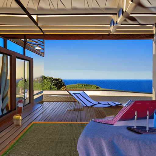 Hyper realistic eye level exterior photo of a mid century modern style house overlooking the ocean, spiderman with laptop , daylight, indirect lighting