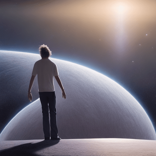 A realistic drawing in 4k of a father and daughter, hand in hand, gazing at the immensity of the universe. They appear small against the vast backdrop of space, emphasizing the scale of the cosmos. The scene incorporates futuristic elements to enhance the visual appeal. The overall atmosphere of the image is deeply spiritual, capturing a sense of awe and wonder.