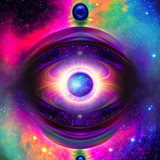 Nebula, galaxies, stars, cinema4d, smooth, shiny, dynamic pose portrait, a psychedelic cyclops creature with one big eye wearing a rainbow fancy tuxedo with sacred geometry, full body shot dynamic pose, purple and green eyes, rainbows, background is a tie dye design, intertwining, a burning realistic pink and blue sun, realistic flames, burning, cyborg, black and white fractal spirals, tiny details, plants, octopus tentacles, honeycomb pattern, sacred geometry on skin, flower of life, psychedelic, visionary art, extremely detailed, hyperealistic, crisp, 8k upscaled to max, dark, horror, sunflowers, masterpiece, polkadots, cinematic. Hasselblad x1d, 24mm,
