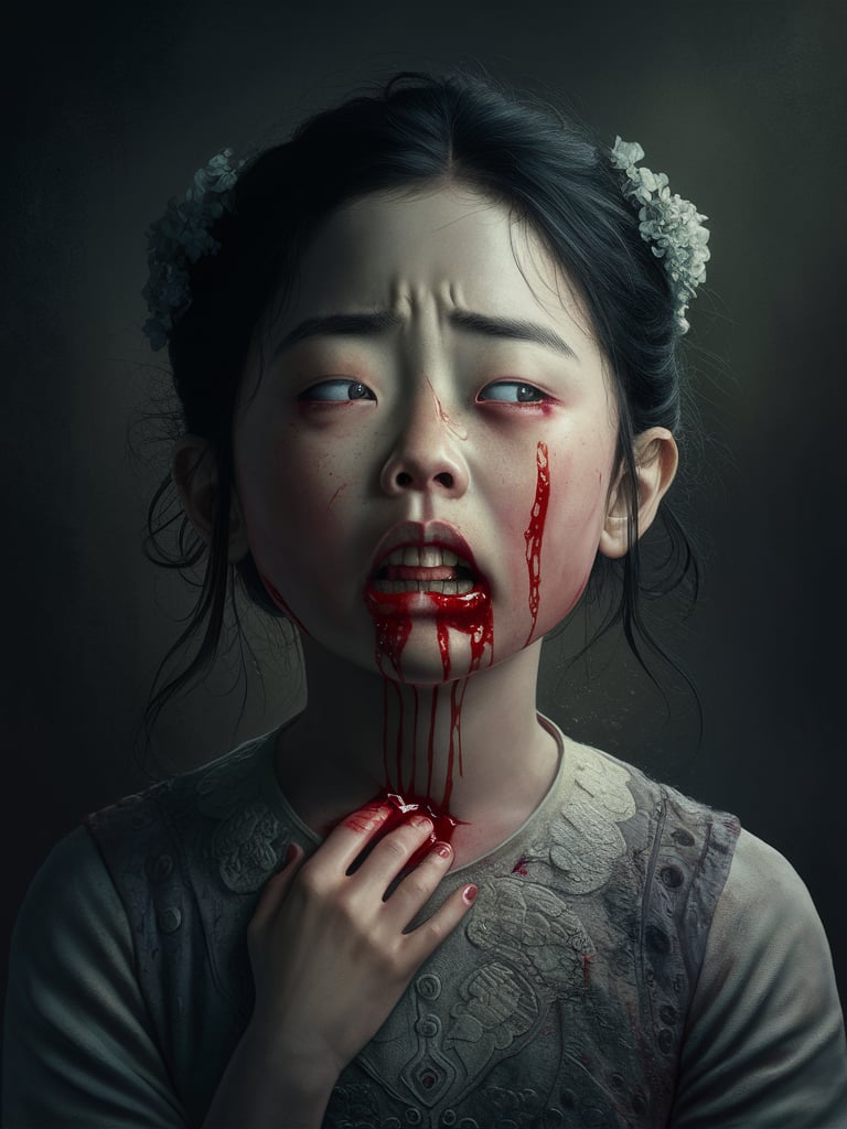 A gorgeous portrait of an asian woman who has lost everything. Her pain is shown with intricate details as blood runs down her chin. It's a dark scene which captures the horror of a young girl as she tries to cope with the idea that she must now continue on her own. Muted colors and dark shadows set a perfect sad scene. All of these elements combined create a stunning 4k visual with extremely detailed lighting and textures.