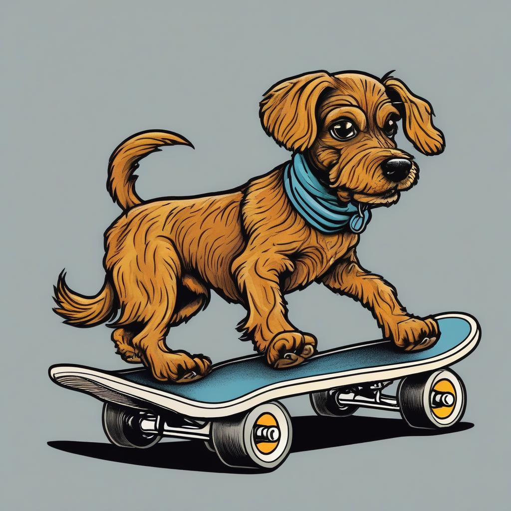 A dog skateboarding, cartoon sketch, tee-shirt logo