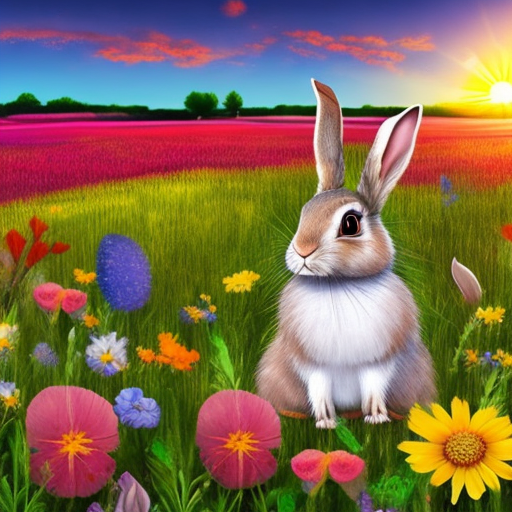 Create a picture of a little rabbit in a colorful flower meadows with many flowers in front of a sunsetting
