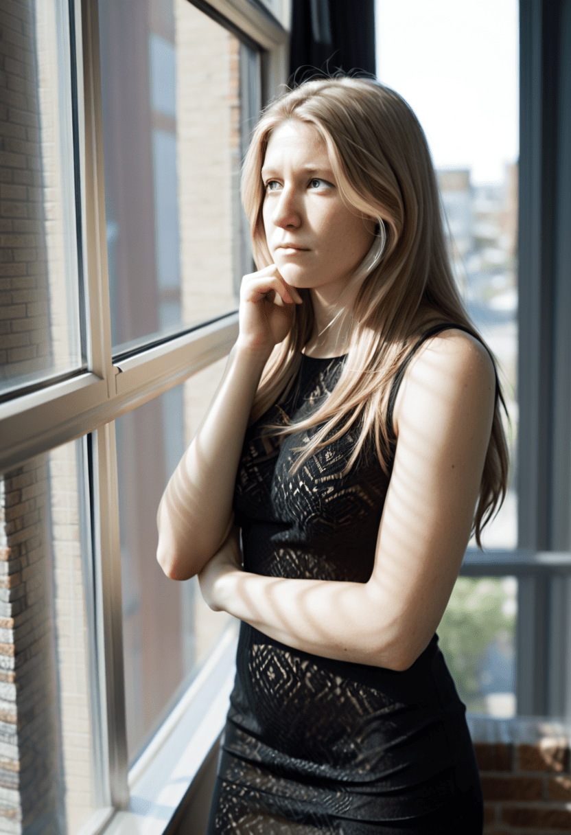 This is a photograph of a woman looking out a window, taken from the side. Her long bronze hair hangs over her shoulders. She is in quiet contemplation with on arm across her torso and one hand on her chin. A large window has a view of an apartment neighborhood. She is wearing a form fitting sleeveless, black minidress. Soft natural light, casting shadow style, perfect eyes, extremely intricate details, masterpiece, epic, clear shadows and highlights, realistic, intense, enhanced contrast, highly detailed skin