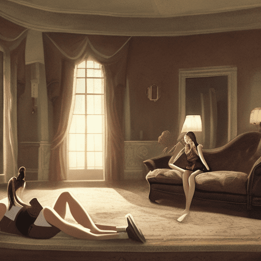 15 year old girl, tank top, lying down on a sofa in a mansion, servants standing around her, extremley detailed, datlight, brown ponytail hair