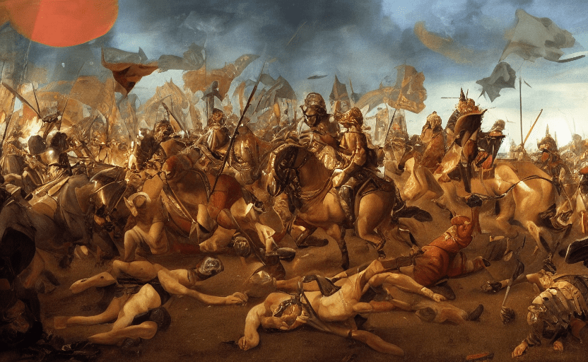 A battle is happening between two armies, renaissance style a cinematic scene set during golden hour.