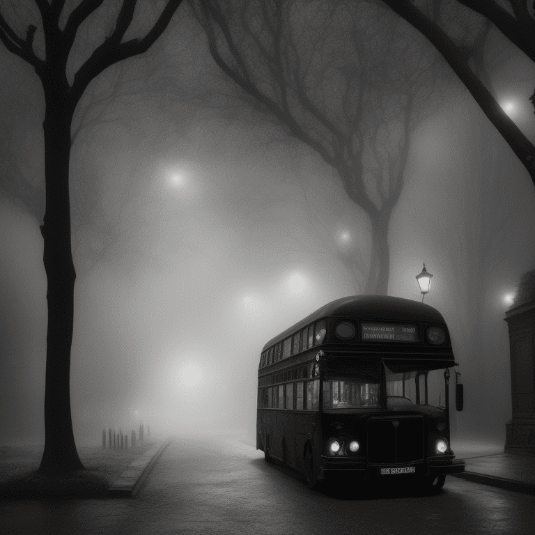 Photo of one beautiful black bus in the street, victorian street, dark fairytale aesthetic, intricate details, in the middle of the night, very detailed, lit street, dead trees, streets lights, foggy, divine presence, cemetery nearby