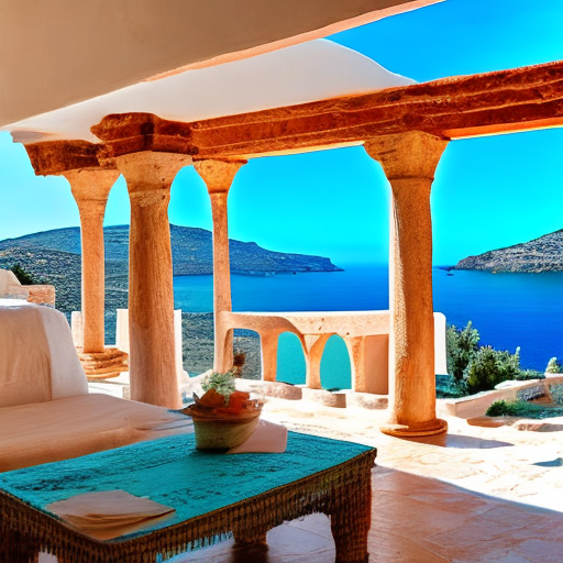 Looking out on turquoise sea from a traditional greek house
