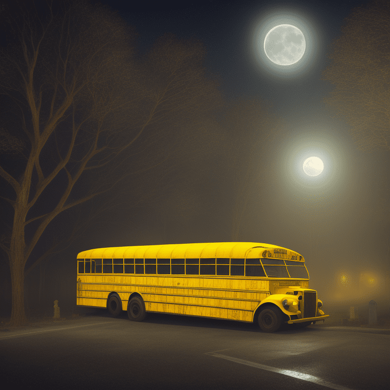 Angled view of a detailed yellow school bus at a distance, intricate details, in the middle of the night, moonlight, very detailed, lit street, dead trees, streets lights, foggy, divine presence, cemetery nearby