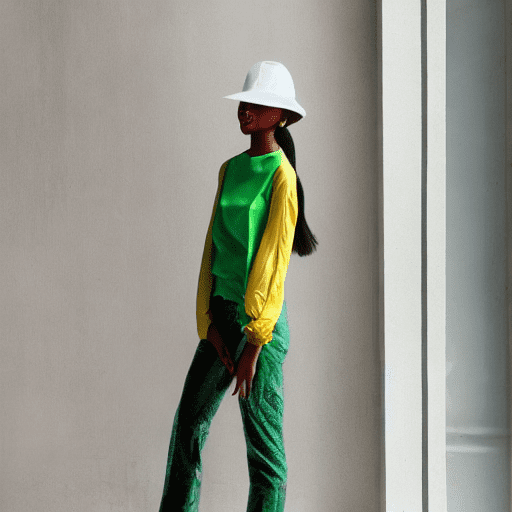 Fashion cover, front view, upper-body, woman model, white marble wall, green shirt, yellow pants --ar 9:16