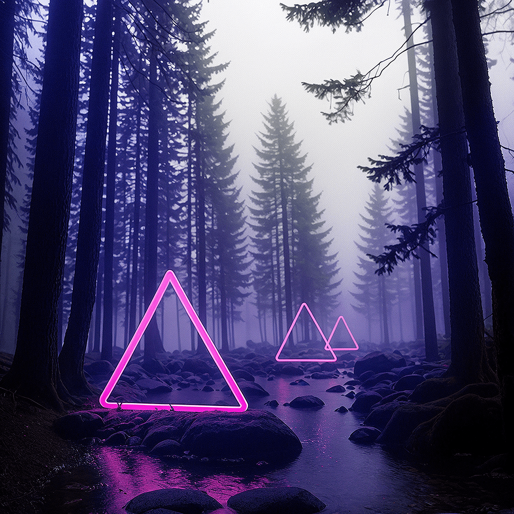 [:inception octane render, 3d render, rendered in octane, trending on artstation, cgsociety:0. 1. 0] break a dark pink neon triangle light shape, with a backdrop behind the view of a foggy forest in the background