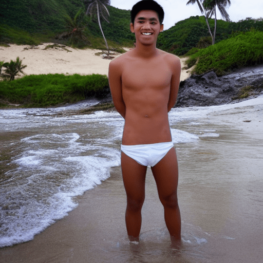 Filipino 19 years old handsome man, tan skin, shirtless, white swiming short pants, at the beach , wet, bubble around his body, silver neckleace with the letter s