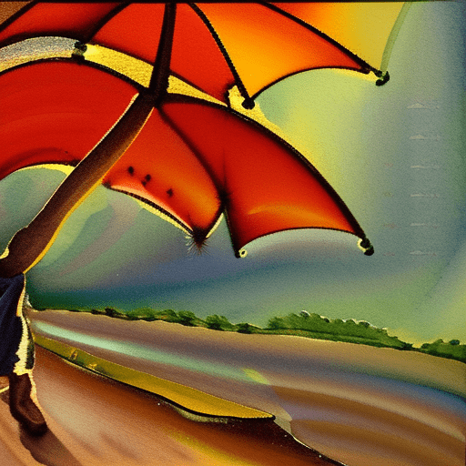 Autumm is here. Windy, light rainy, a woman with an umbrella is wandering through the landscape, atmospheric and oppressive as the sky begins to glow, energy harnessed sporadic glare a sky of emotions, watercolor, trending on artstation, sharp focus, studio photo, intricate details, highly detailed, by greg rutkowski