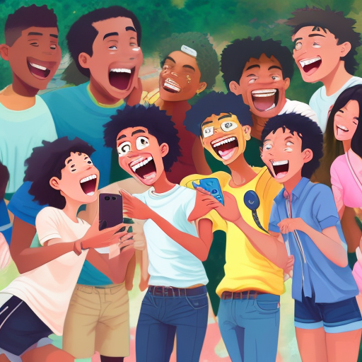 Multiracial young people laughing together at camera - happy group of friends having fun taking selfie pic with smart mobile phone - youth community concept with guys and girls hugging cinematic, masterpiece, art by studio ghibli, intricate artwork by john william turner