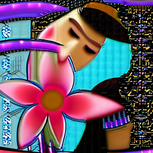 A couple hugging and kissing with pink flowers, in the style of cyberpunk futurism, gold and azure, zbrush, fantastical, otherworldly creatures, portrait miniatures, i can't believe how beautiful this is, dark cyan and red --ar 32:31 --s 750 --v 5. 2