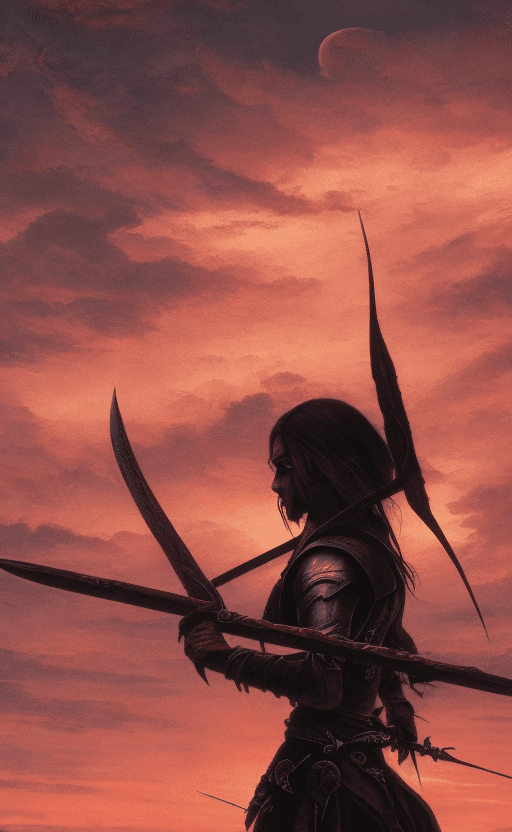 A warrior lies defeated in a field of arrows, bloodstained and lifeless. The sky above is a dramatic display of red, with a large sun or moon setting behind a silhouette of a mountainous landscape. The scene is intense and striking, evoking a sense of loss and defeat.