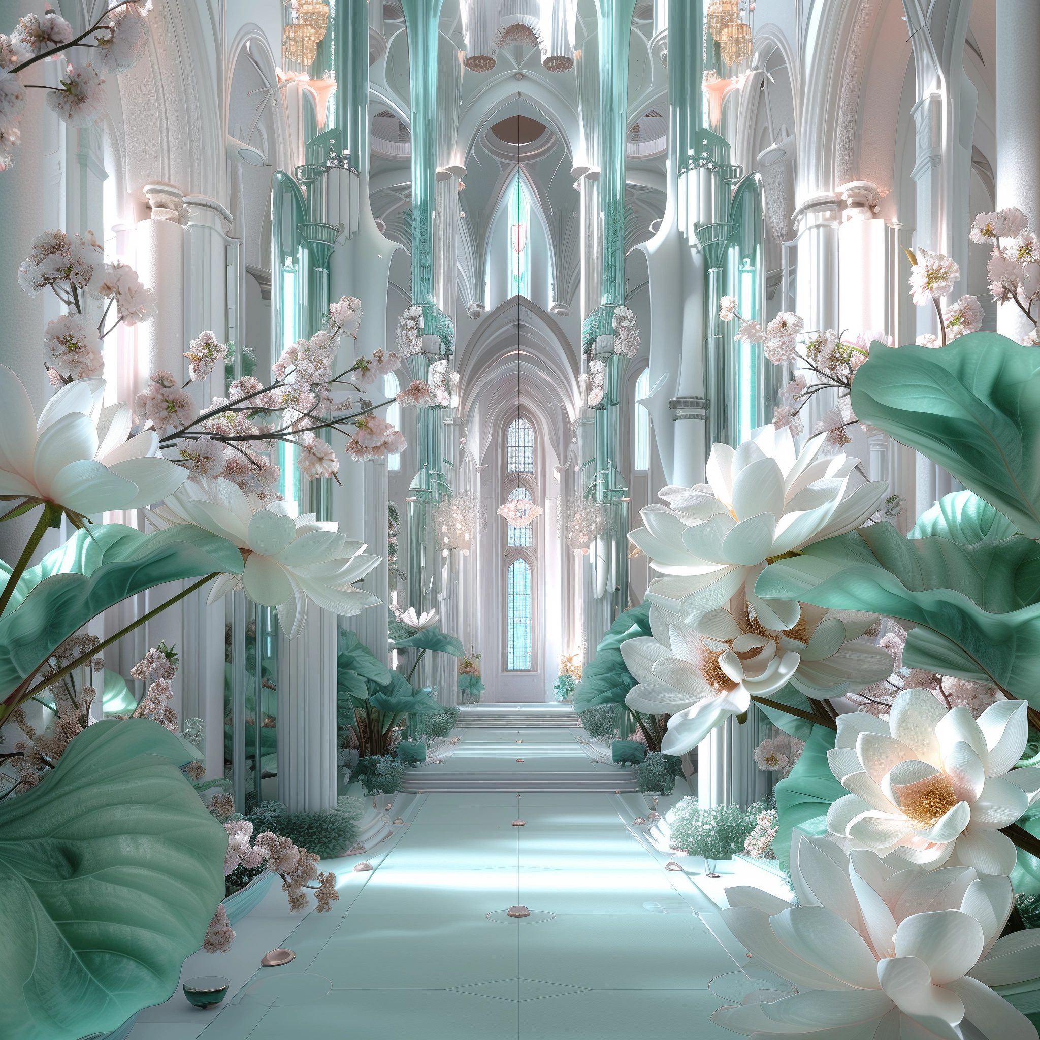 Heavenly architecture with divine inspiration in its design, harmonious balancing of light and shadow, blooming delicate and fragrant flowers, aqua coloured leaves, plants of various design to fit architectural design, large leaf plants, 32k, highly detailed, quantum processing --no water --ar 1:1 --personalize nwnd4j3 --stylize 600