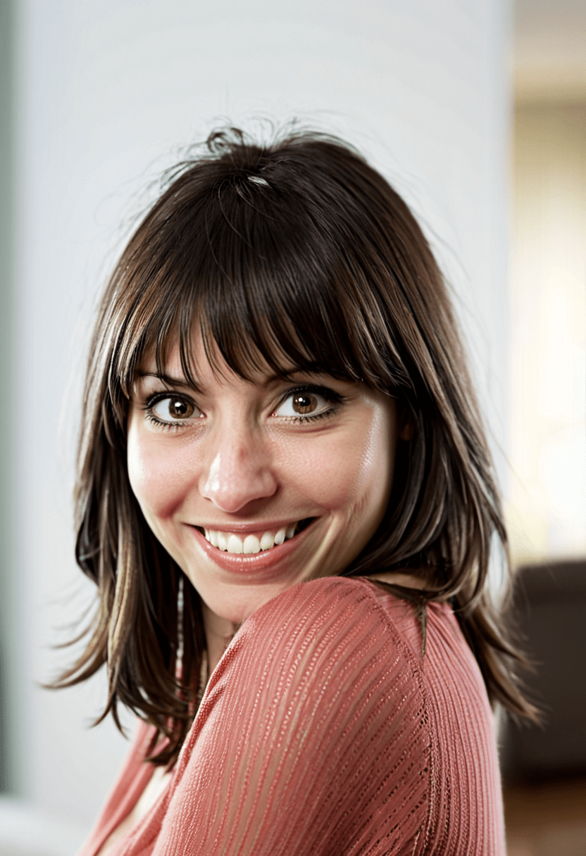 This is a photograph of a woman from the side with a big smile on her face. Her head is turned to stare at the viewer and she shrugs her shoulder a bit. She has long dark brunette, shoulder length hair with bangs and light colored highlights. A dark salmon blouse is low cut revealing a bit of her chest. She's posing in her living room while sitting on her couch in the middle of the day. The room is warmly lit. Soft natural light, casting shadow style, perfect eyes, extremely intricate details, masterpiece, epic, clear shadows and highlights, realistic, intense, enhanced contrast, highly detailed skin, f/2. 8, bokeh