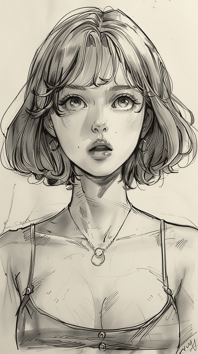 A simple sketch of an anime girl with short hair, loose lines and drawing on notebook paper --ar 9:16 --stylize 750