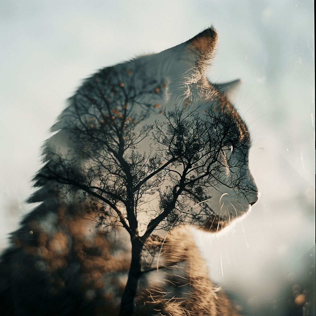 [cat] , [tree] , double exposure --stylize 250