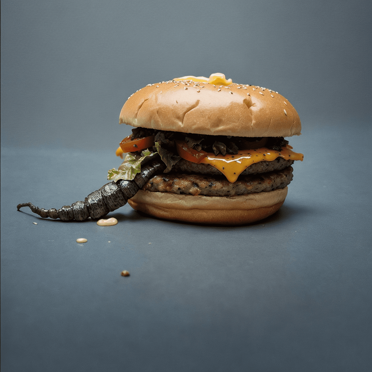 (worm,insect,huge larva, grub, maggot,hairy caterpillar,big slug , diverse slugs and larvas:1. 03 ) break a mouth-watering close-up food photo of a expertly crafted burger. The burger is positioned in a slightly tilted angle, with the juicy patty oozing with melted cheese, and fresh, crispy lettuce and tomato. The whole burger is enveloped in a slightly toasted, golden bun. The background is a chiaroscuro-inspired setting, with shadows casting an artistic, dramatic light and contrast on the burger, making it the center of attention. The overall ambiance of the photo is appetizing.